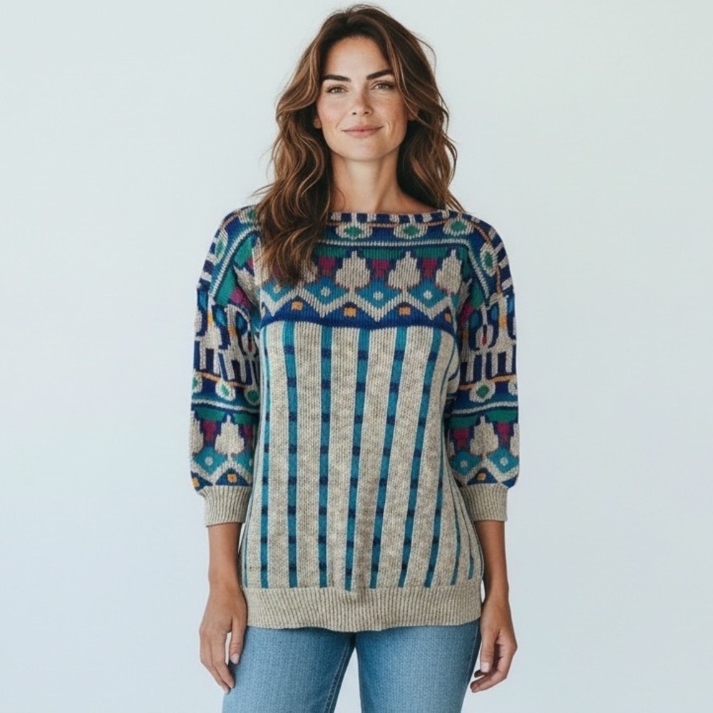 VTG Laurel Escada Geometric Striped Colorful 3/4 Sleeve Sweater Women's‎ 38